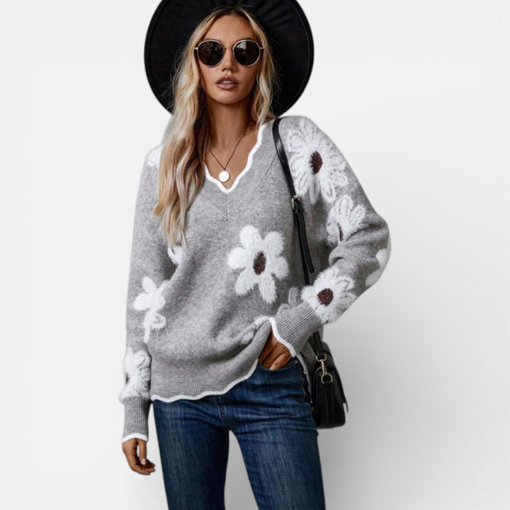 V-neck floral knit sweater