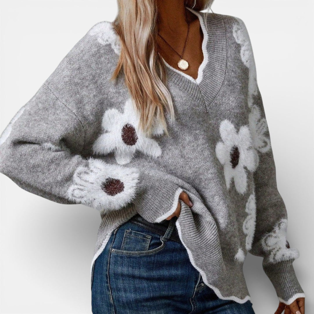 V-neck floral knit sweater