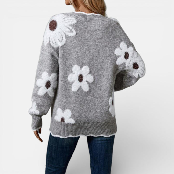V-neck floral knit sweater