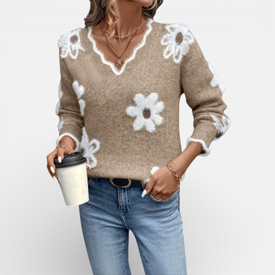V-neck floral knit sweater