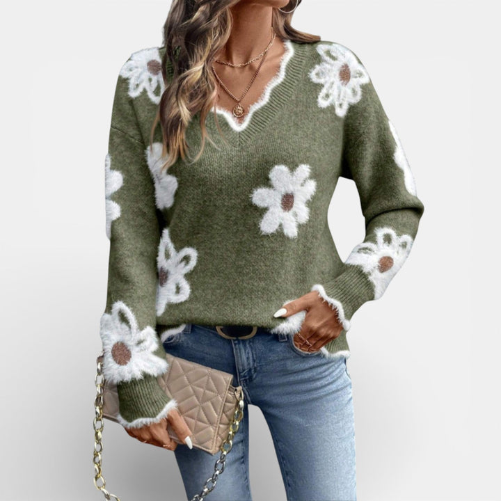 V-neck floral knit sweater