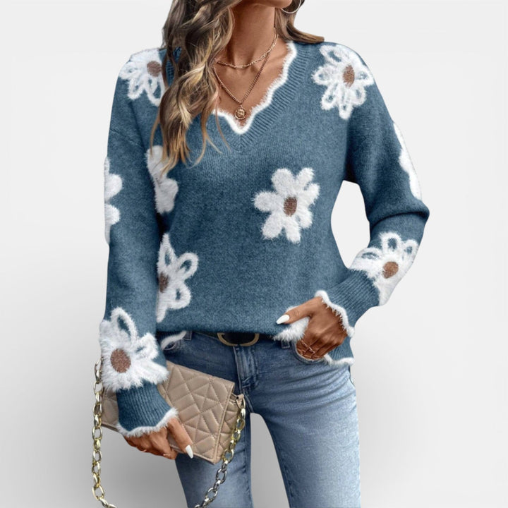 V-neck floral knit sweater