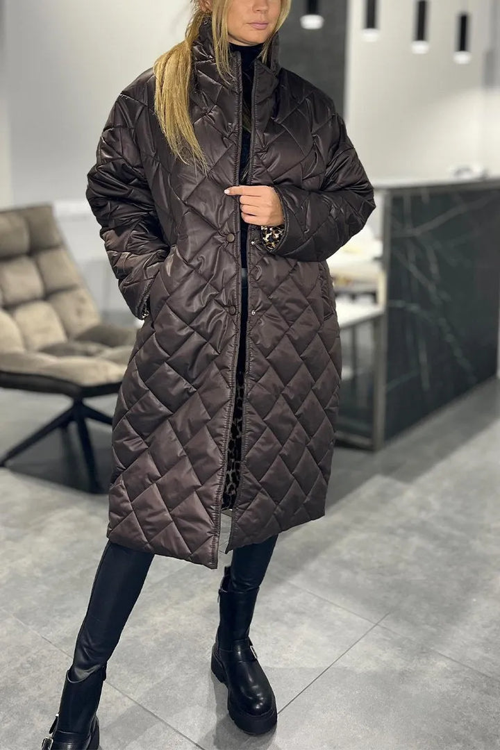Quilted Mid-Length Coat with Luxe Leopard Lining